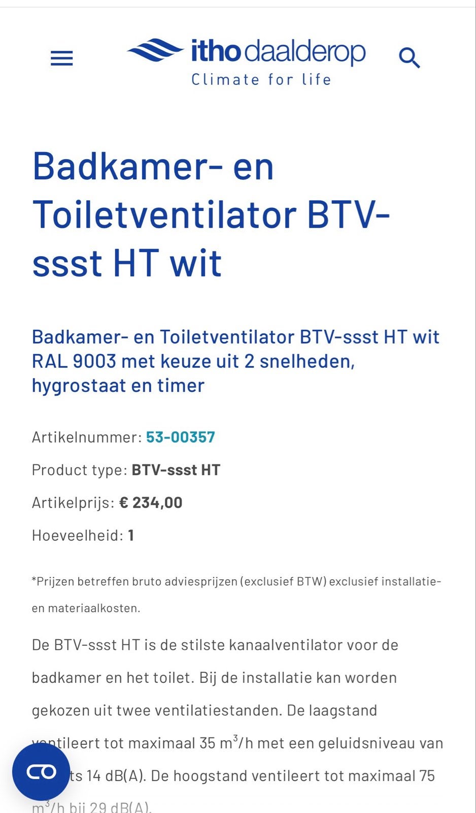 Itho Daalderop BTV-ssst HT Badkamer-/Toiletventilator nieuw!, Ophalen of Verzenden, Nieuw, Ventilator en Afzuiger