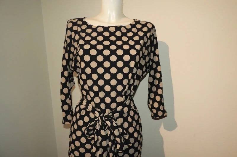 Ladress polkadot stretch travel stof jurk strik band XS/S, Zo goed als nieuw, Knielengte, Meerkleurig, Verzenden