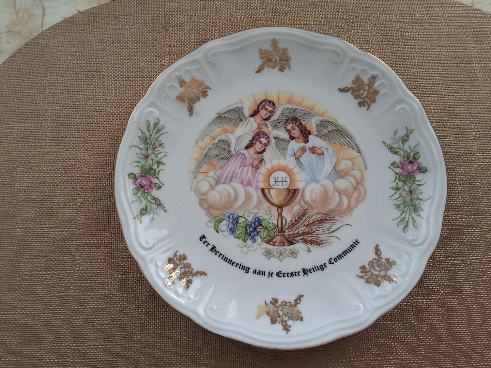 HK Bavaria Gold Rim bord met 3 engelen, Eerste Communie, Ophalen of Verzenden