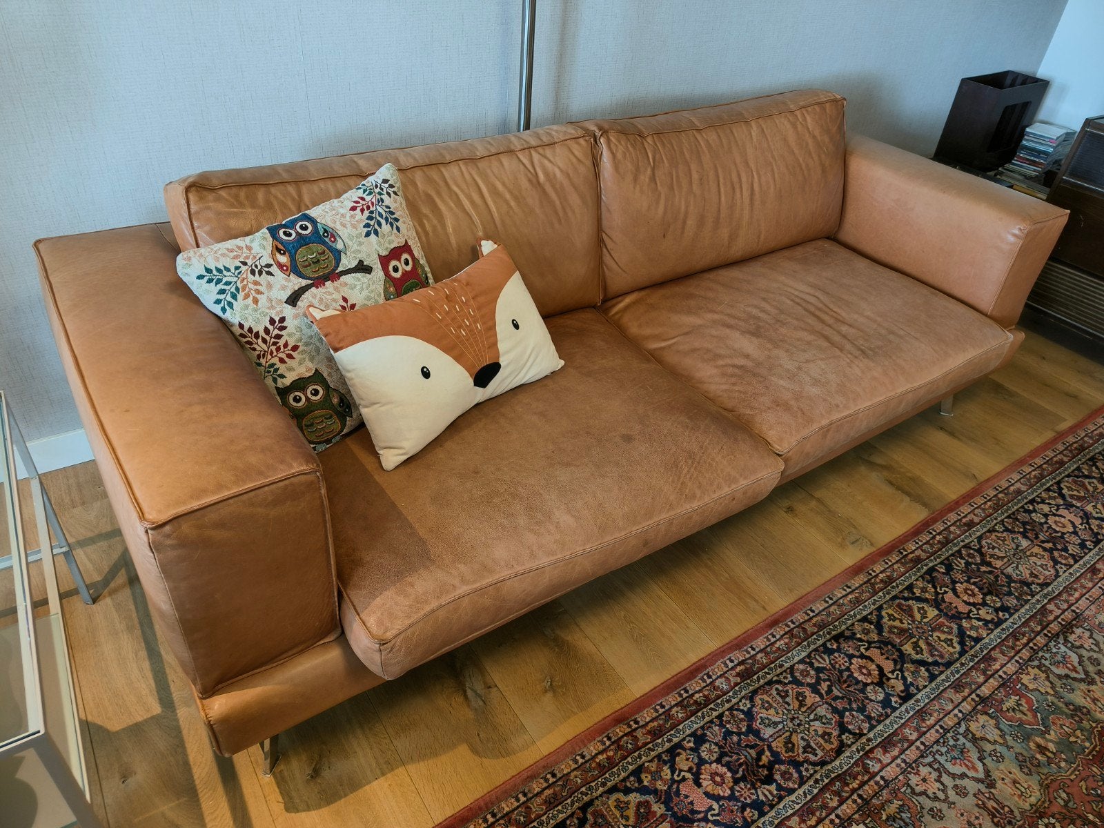 Cognac bruin leren 3-zitsbank, ruime afmetingen, Huis en Inrichting, Banken | Bankstellen, Ophalen, Gebruikt, 75 tot 100 cm, Leer