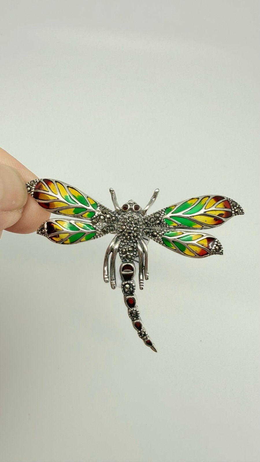 Zilveren Libelle Broche met Glasemaille en Markasiet, Verzenden, Nieuw, Met edelsteen, Zilver