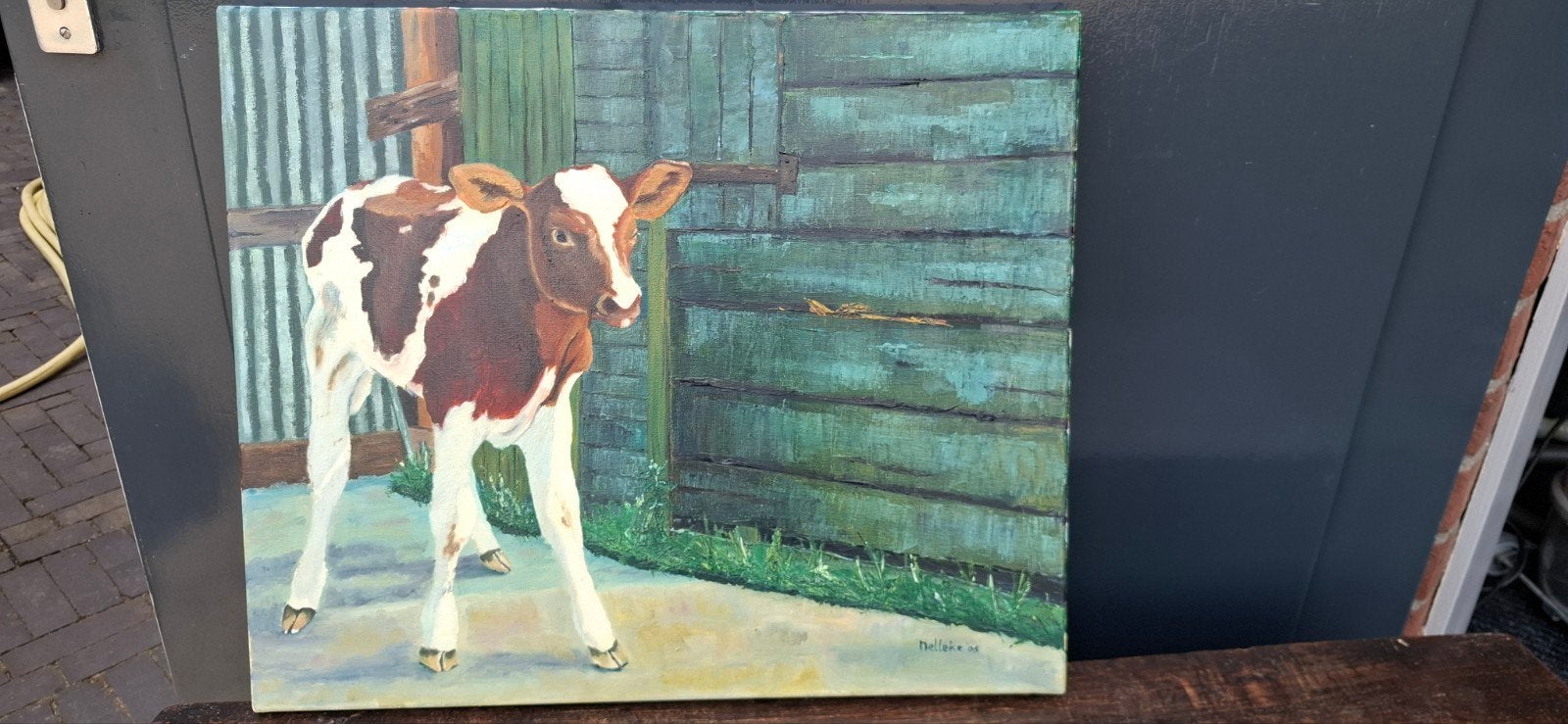 Olieverf schilderij van kalfje, 50 – 75, Oorspronkelijke maker, Ophalen of Verzenden, Zo goed als nieuw
