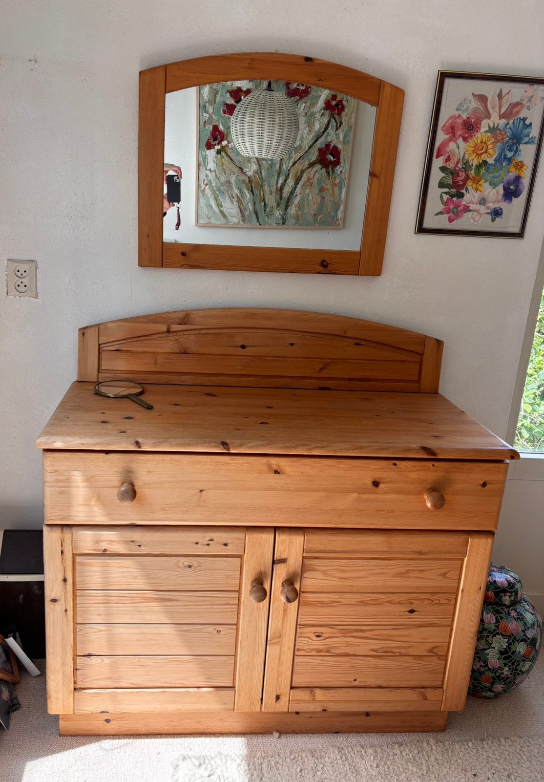 Grenen commode/dressoir met spiegel, Ophalen of Verzenden, Gebruikt