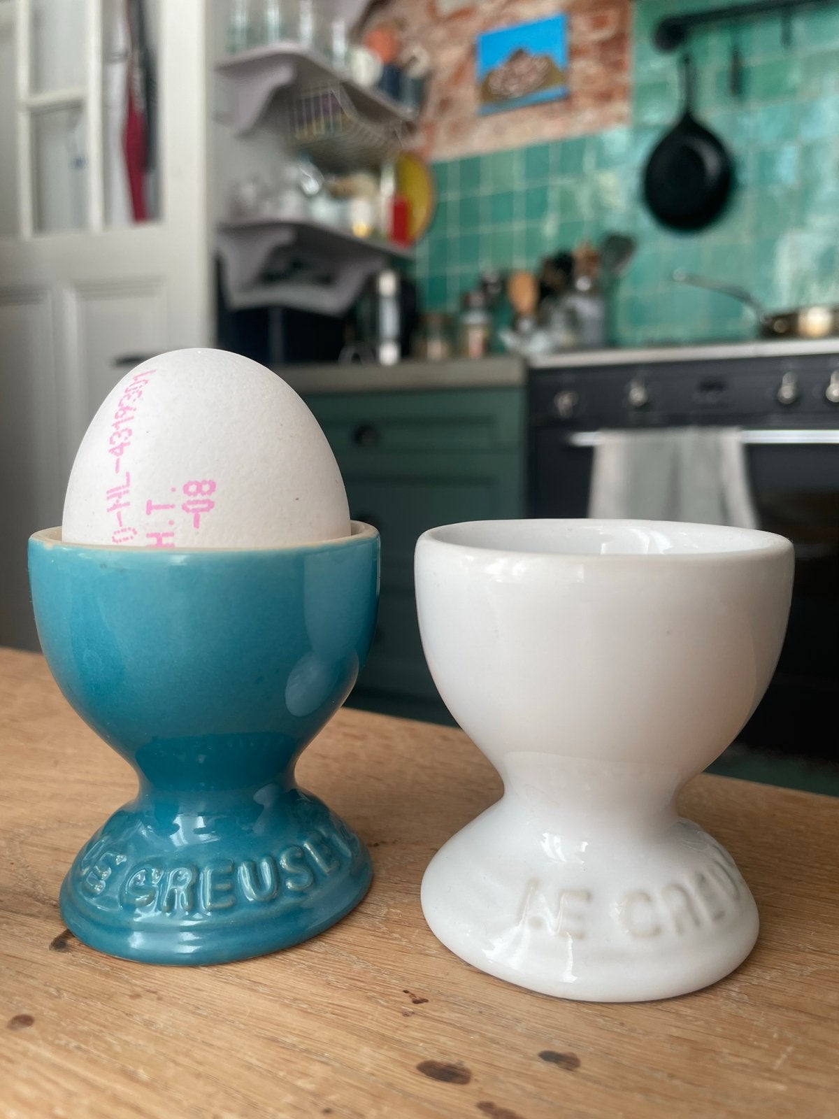 Le Creuset eierdopjes - set van 3, Steen/keramiek, Le Creuset, Ophalen, Gebruikt