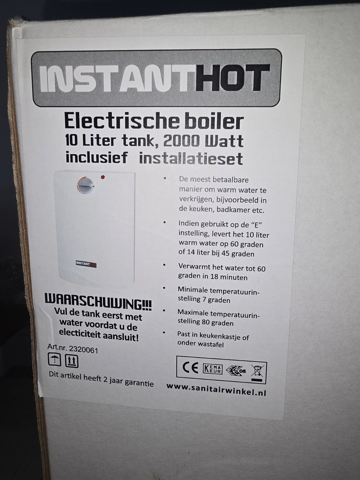 INSTANTHOT Elektrische Boiler 10L, 2000W - Nieuw in doos, Ophalen of Verzenden, Nieuw