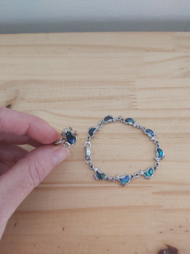 Set van armband en ring met blauwe parelmoer, Ophalen of Verzenden, Nieuw, Blauw, Zilver