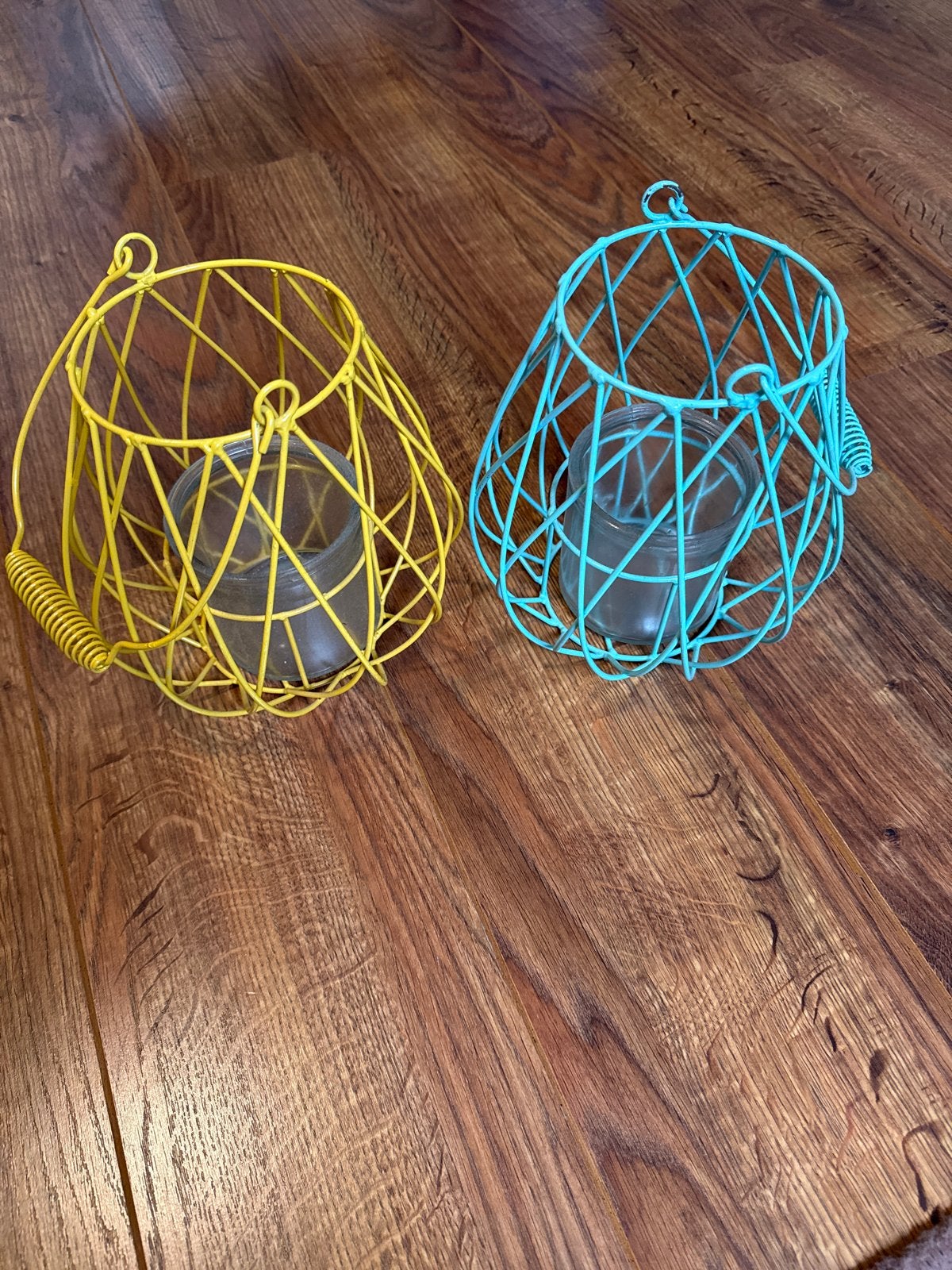 Set van 2 metalen windlichten - geel en turquoise, Ophalen, Windlicht, Gebruikt, Geel