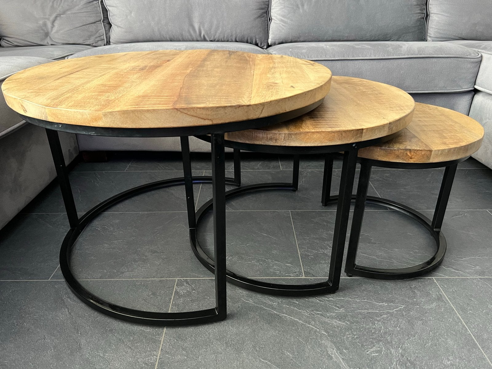 3-delige salontafel set mangohout en metaal, Ophalen, Gebruikt, Rond, Overige houtsoorten