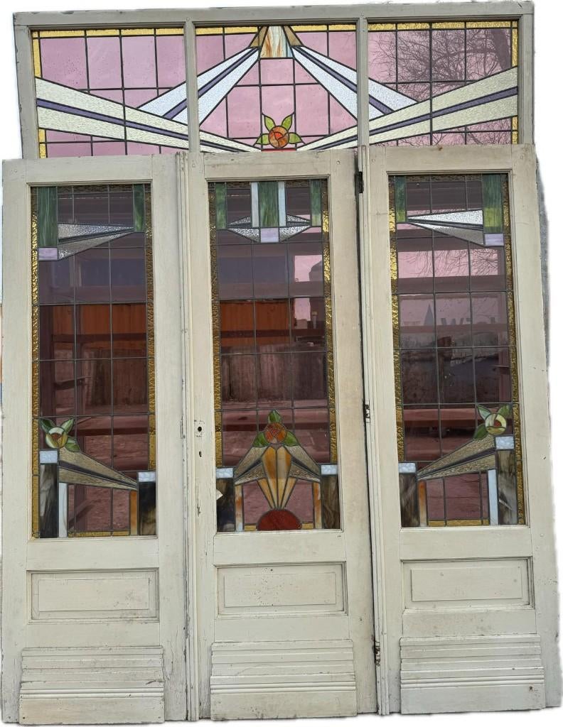 Openslaande deur met zijpanelen en bovenlicht glas in lood., Antiek en Kunst, Curiosa en Brocante, Ophalen