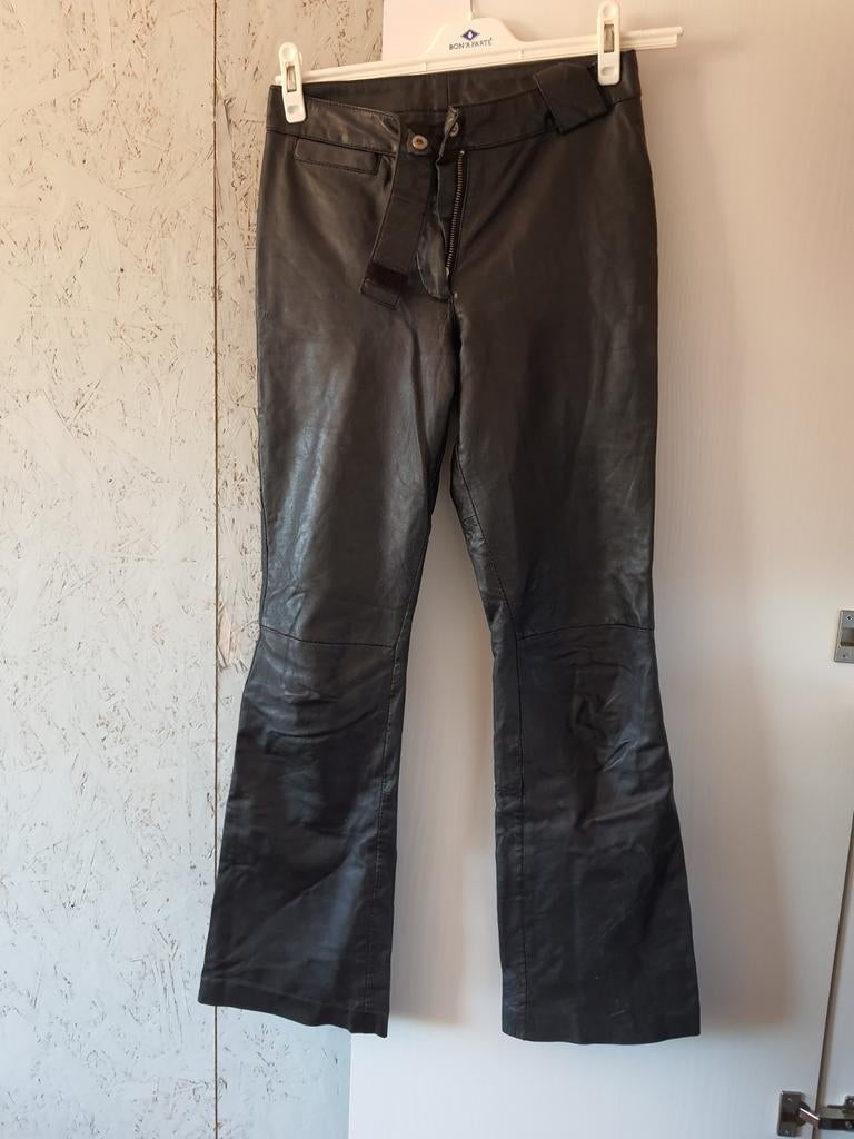 Leren broek met rits en klittenbandsluiting maat S, Ophalen of Verzenden, Gedragen, Zwart, Lang