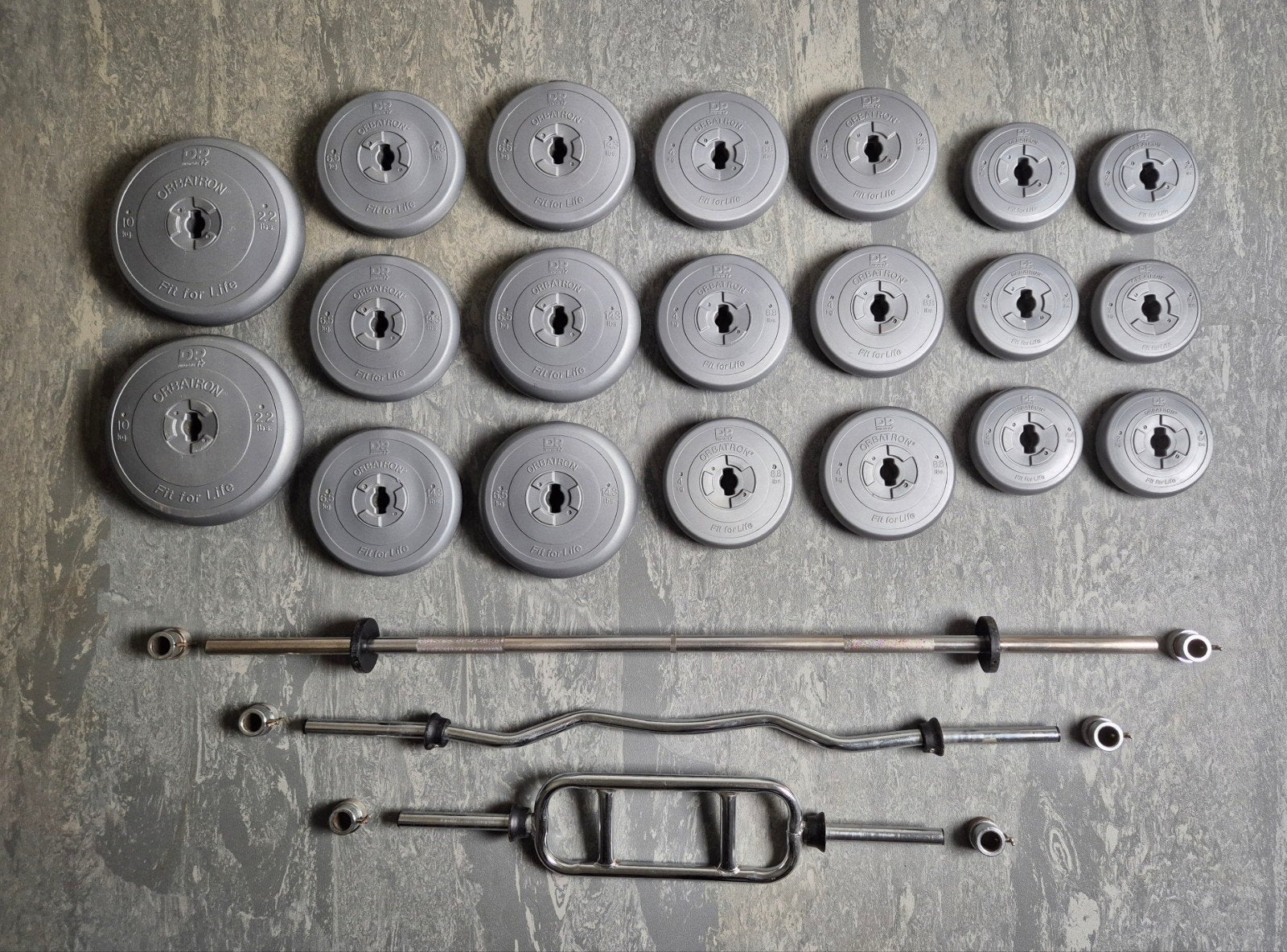 Orbatron Halterset 135KG – Gewichtsschijven Inclusief Barren, Ophalen of Verzenden, Gebruikt, Benen, Halterschijven