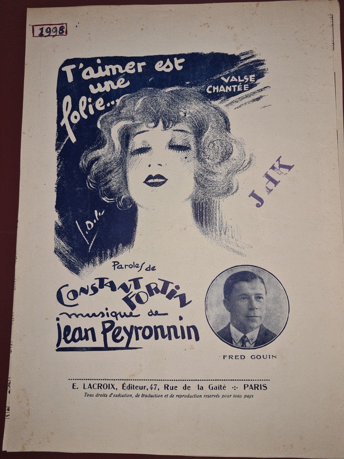 Vintage bladmuziek: T'aimer est une folie - Valse Chantée, Gebruikt, Klassiek, Ophalen of Verzenden, Thema