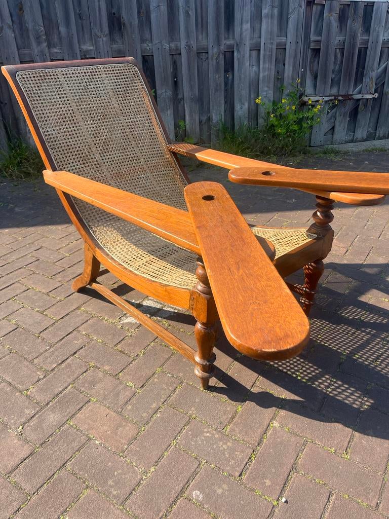 Antieke vintage riet plantagestoel koloniaal dekstoel rotan, Ophalen of Verzenden