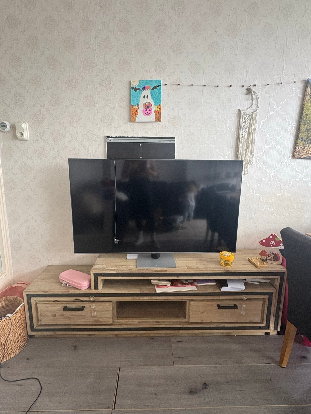 Robuuste houten tv-kast met lades en open vakken, Ophalen, Gebruikt, 100 tot 150 cm, Minder dan 100 cm