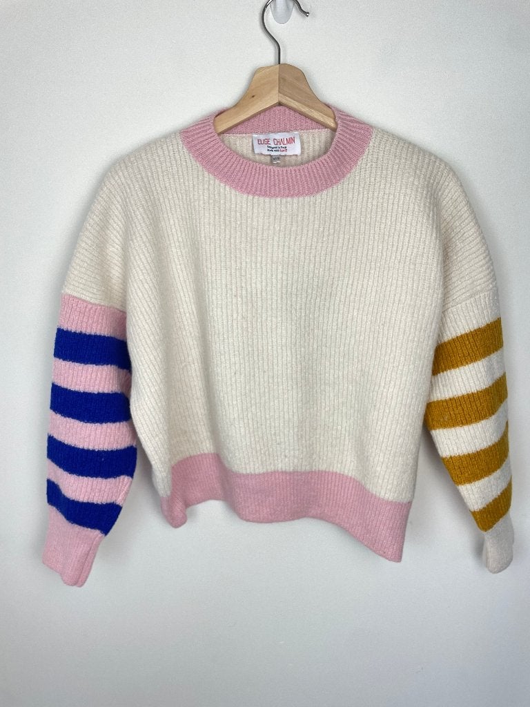 Elise Chalmin trui maat XS/S cropped beige roze gestreept, ELISE CHALMIN SARL, Beige, Ophalen of Verzenden, Zo goed als nieuw