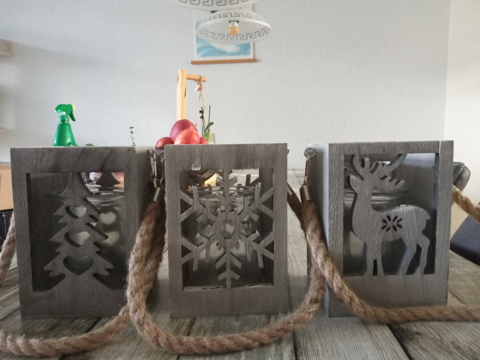3 Houten windlichten kerst/winter tafereel 15x10, Windlicht, Ophalen of Verzenden, Zo goed als nieuw, 15 cm