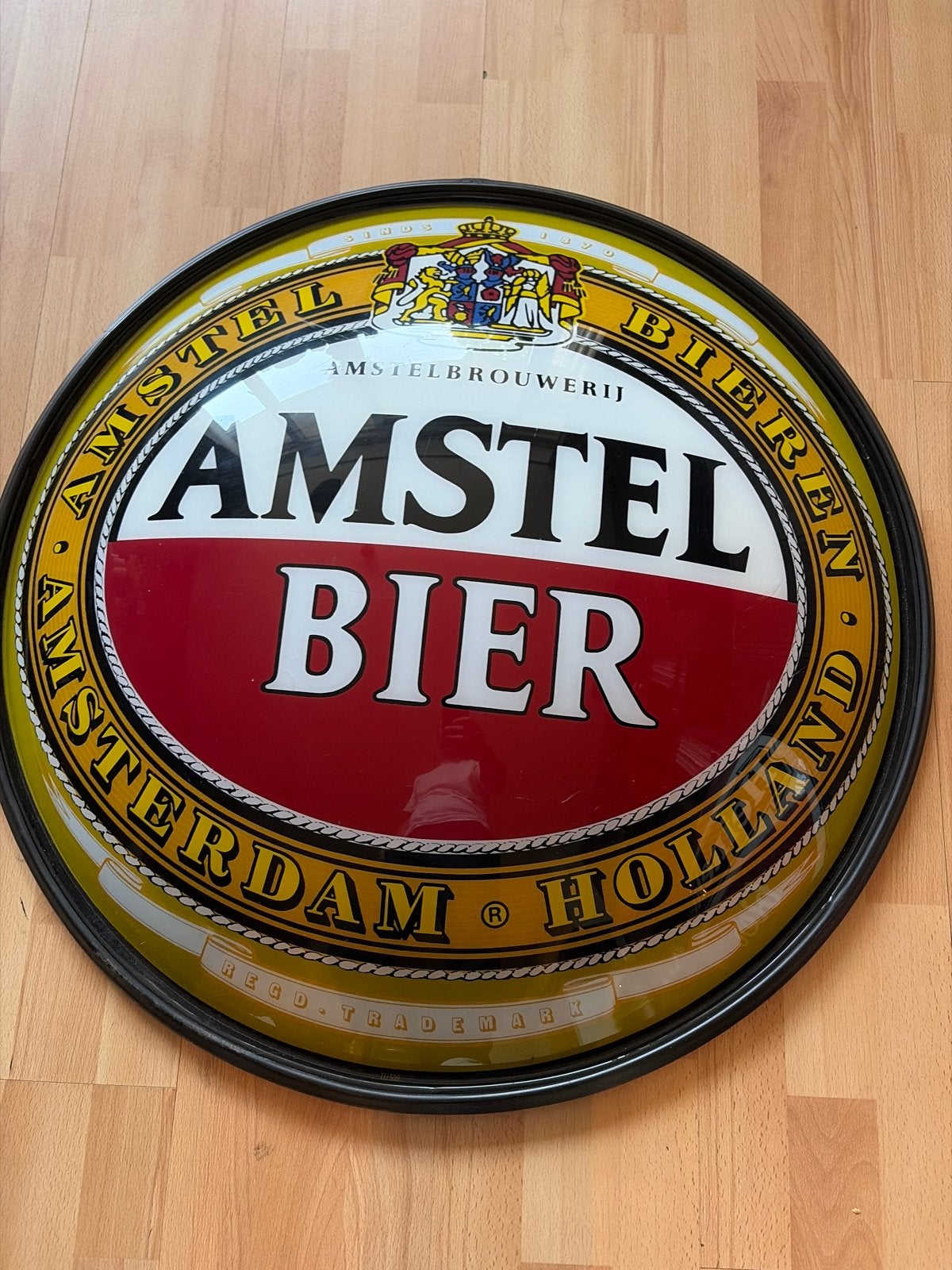 Vintage Amstel Bier Reclamebord - Bolle Schijf, Ophalen, Gebruikt, Reclamebord