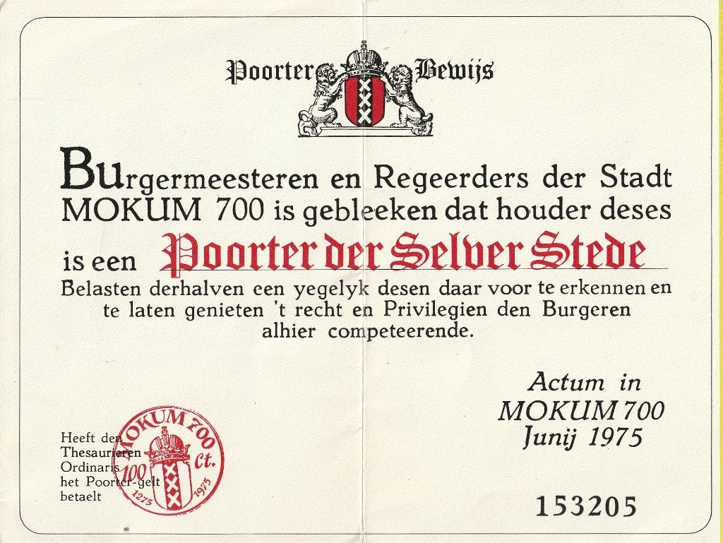 MOKUM POORTBEWIJS AMSTERDAM UIT 1975 ZEER MOOIE KAART KO317, Verzamelen, Ophalen of Verzenden, 1960 tot 1980, Ongelopen, Overige thema's