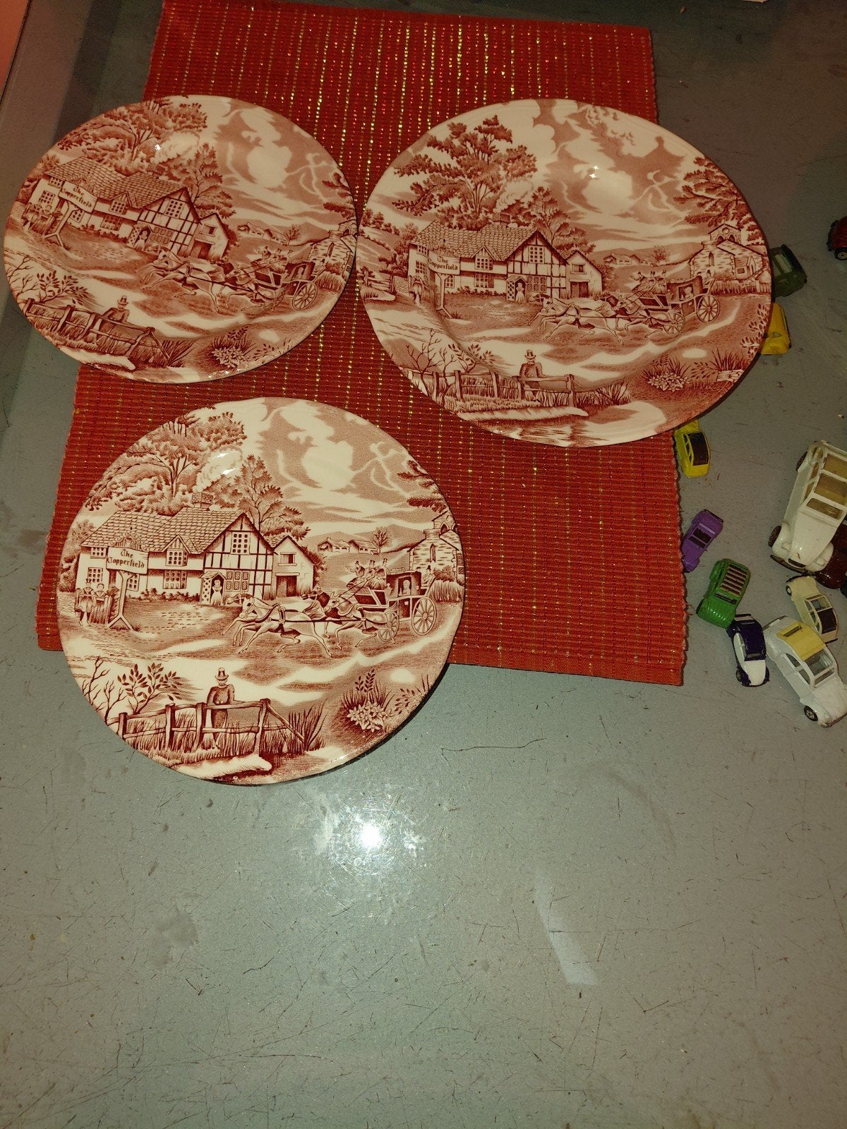 Set van 3 Vintage Borden - Rood/Wit Landschap, Antiek en Kunst, Ophalen of Verzenden