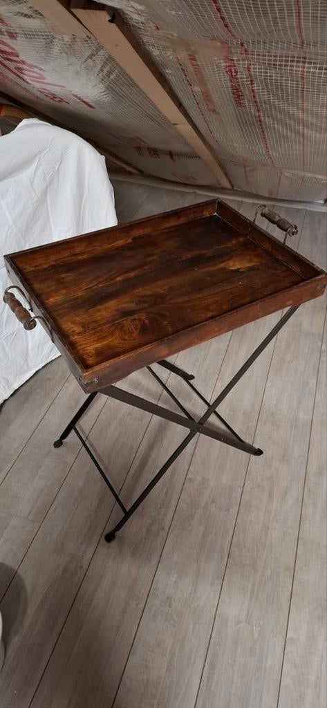 Vintage houten dienbladtafel + metalen onderstel butlertray, Ophalen of Verzenden