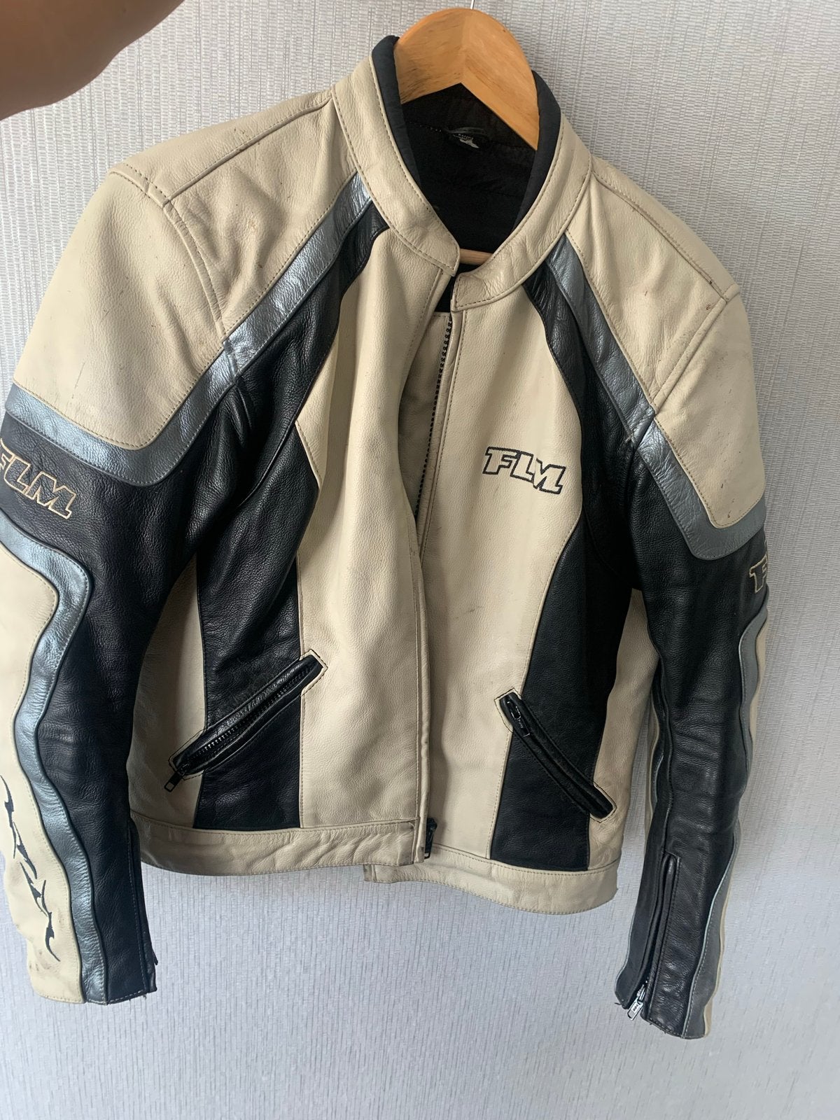 FLM Leren Motorjas Dames - Zwart/Beige Maat L, Motoren, Kleding | Motorkleding, Ophalen, Tweedehands, Dames, Jas | leer