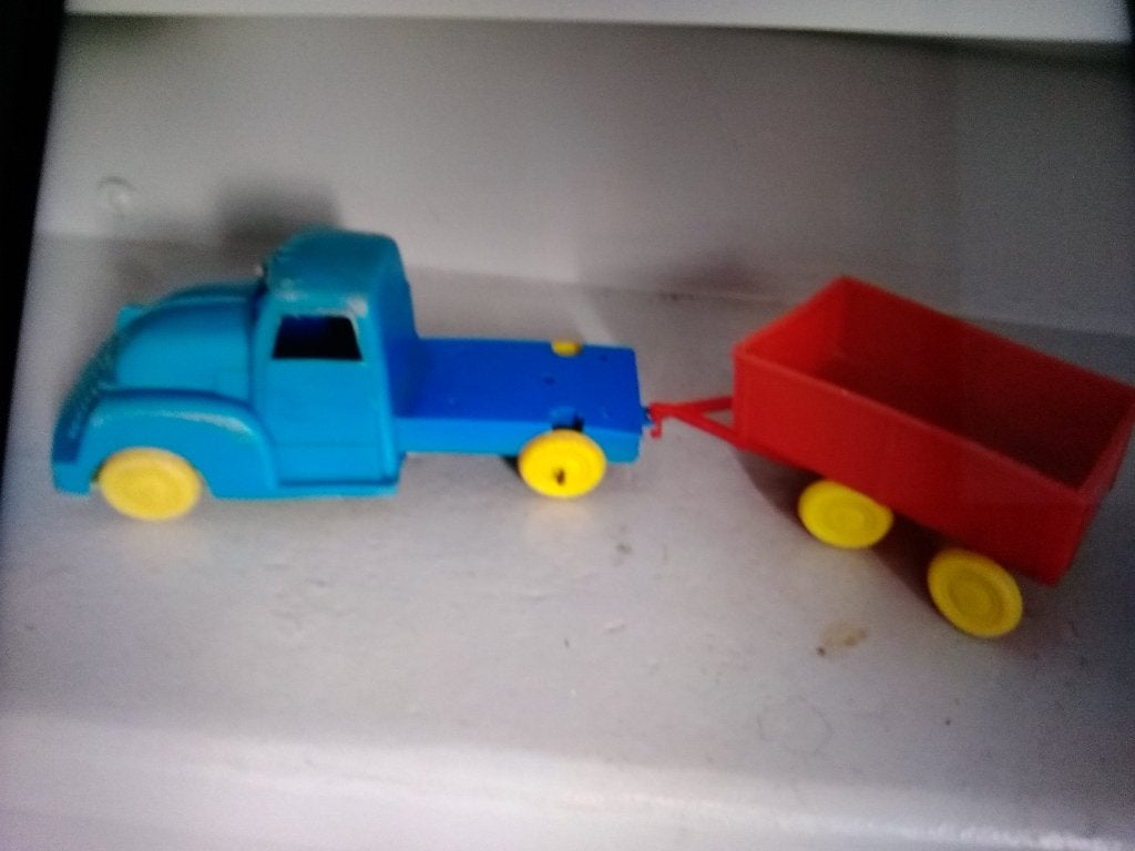Vintage plastic vrachtwagen met aanhanger, Ophalen of Verzenden