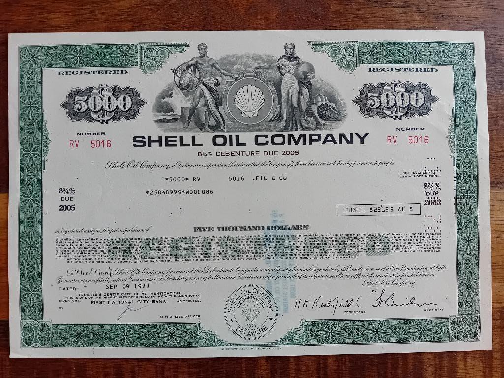 Shell Oil Company - 1977, Postzegels en Munten, Aandelen en Waardepapieren, Ophalen of Verzenden, 1970 tot heden, Obligatie of Lening