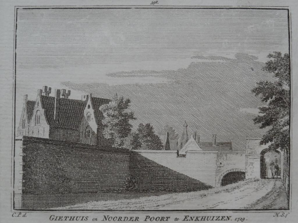 gravure Westerkerk, weeshuis, poort Enkhuizen Spilman 1729, Antiek en Kunst, Verzenden, Stadsgezicht, Origineel, Gravure
