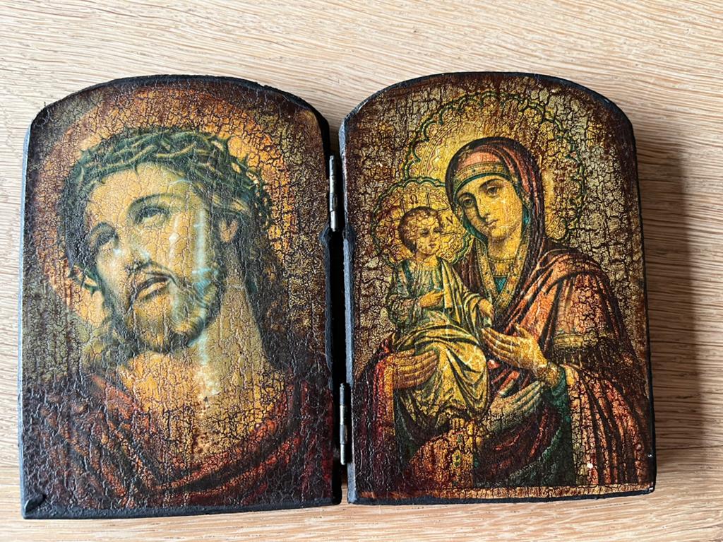 Houten tweeluik icoon icon. Jezus Maria. Religie., Antiek en Kunst, Antiek | Religie, Ophalen of Verzenden