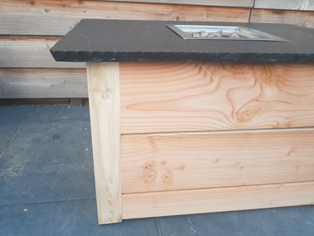 Houten vuurtafel met leistenen blad - 70x100 cm, Ophalen, Zo goed als nieuw
