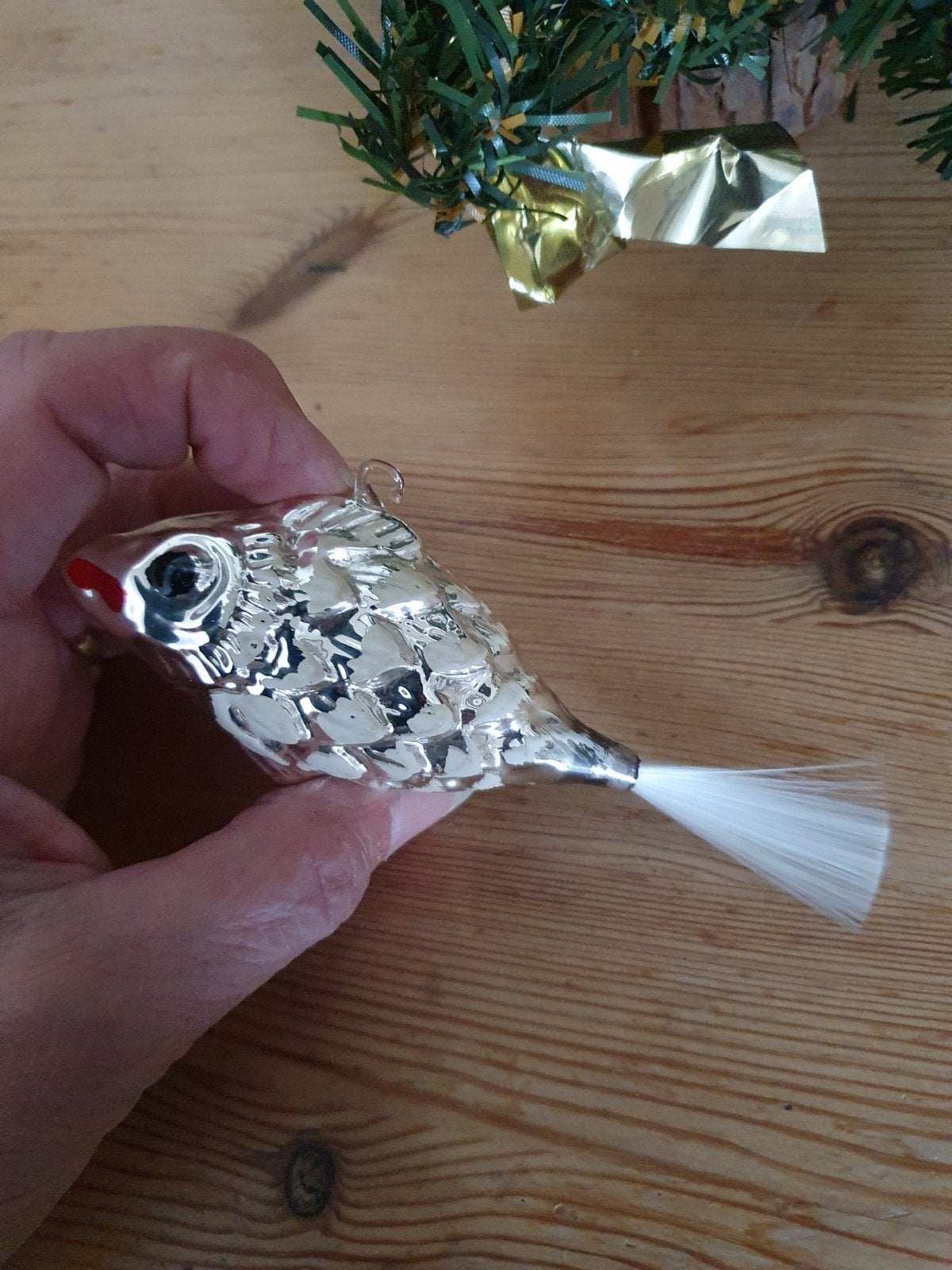 Oude kerstbal glas vis zilverkleurig staart oogje glas kerst, Diversen, Ophalen of Verzenden, Gebruikt
