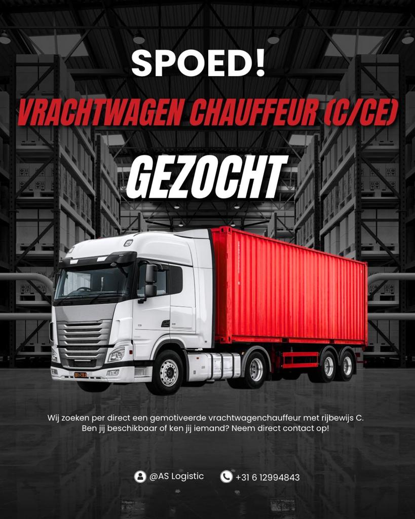Vrachtwagen Chauffeur (C/CE) Gezocht, Overige uren, Overige niveaus, Starter, Overige vormen