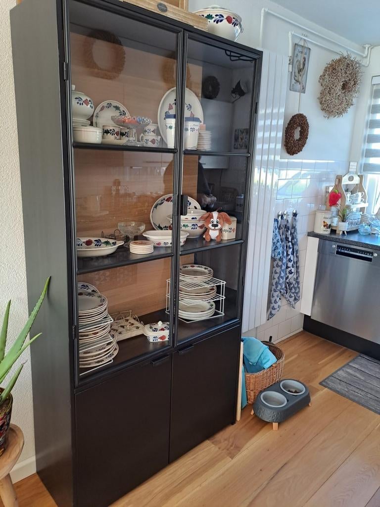 Moderne vitrinekast met glazen deuren en planken, Ophalen, 50 tot 100 cm, Zo goed als nieuw, 150 tot 200 cm