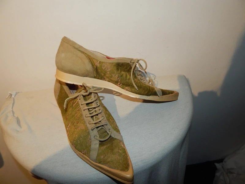 Romeo Gigli sneakers punt neus bekleed groen goud Vintage, Verzenden, Sneakers of Gympen, Romeo Gigli, Gedragen