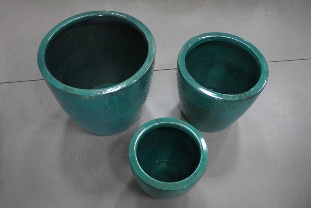 Hippe metalen bloempotten gehamerd blauw / groen 3 maten, 25 tot 40 cm, Rond, Ophalen of Verzenden, Minder dan 40 cm