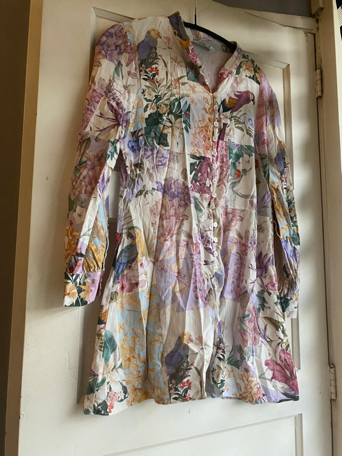 Zara blous met bloemen- en vogelprint, maat L, Ophalen of Verzenden, Zo goed als nieuw, Maat 42/44 (L), Meerkleurig