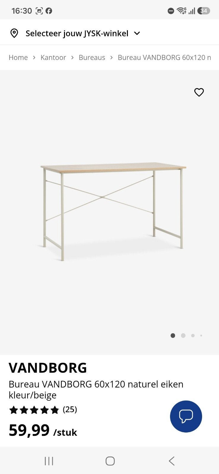 JYSK VANDBORG Bureau 60x120 naturel eiken/beige, Ophalen, Spaanplaat of MDF, Zo goed als nieuw, Jysk
