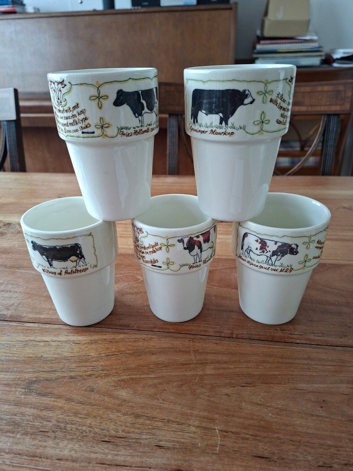 5 Zuivelland bekers met koeien - Vintage verzameling, Gebruikt, Keramiek, Vintage, Mok