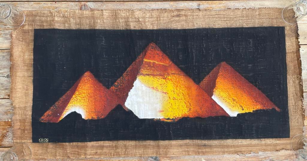 Schilderij Egyptische kunst pyramide op papyrus pyramides, Antiek en Kunst, Ophalen of Verzenden