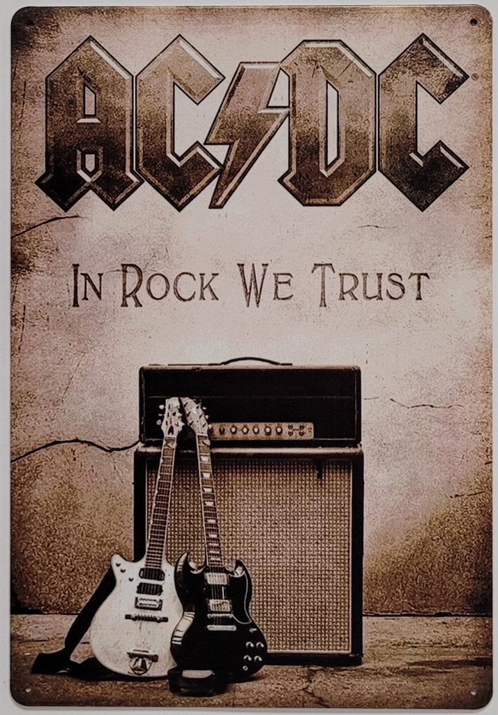 ACDC in rock we trust reclamebord van metaal wandbord deco, Info@deconoord.nl, Deco Noord, Nieuw, Ophalen of Verzenden