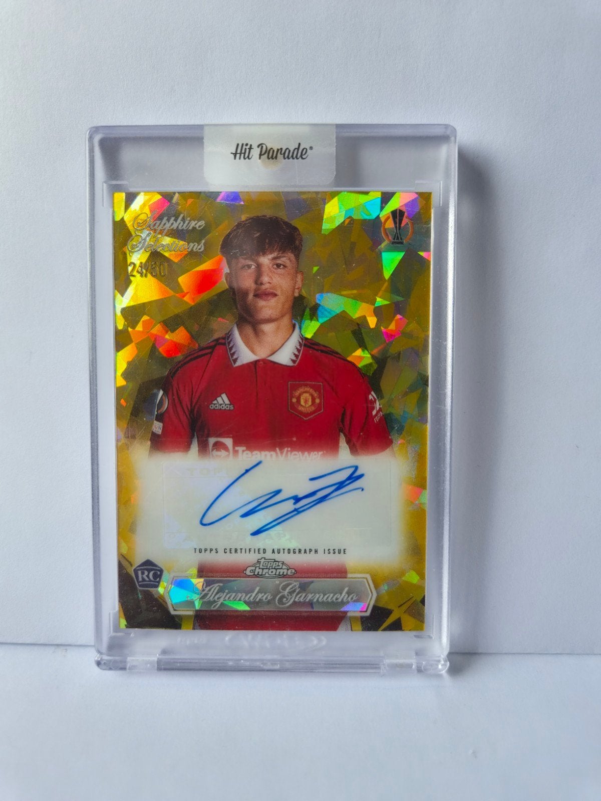 Alejandro Garnacho Autograph Gold /50 Topps Chrome Sapphire, Ophalen of Verzenden, Zo goed als nieuw, Buitenlandse clubs, Spelerskaart