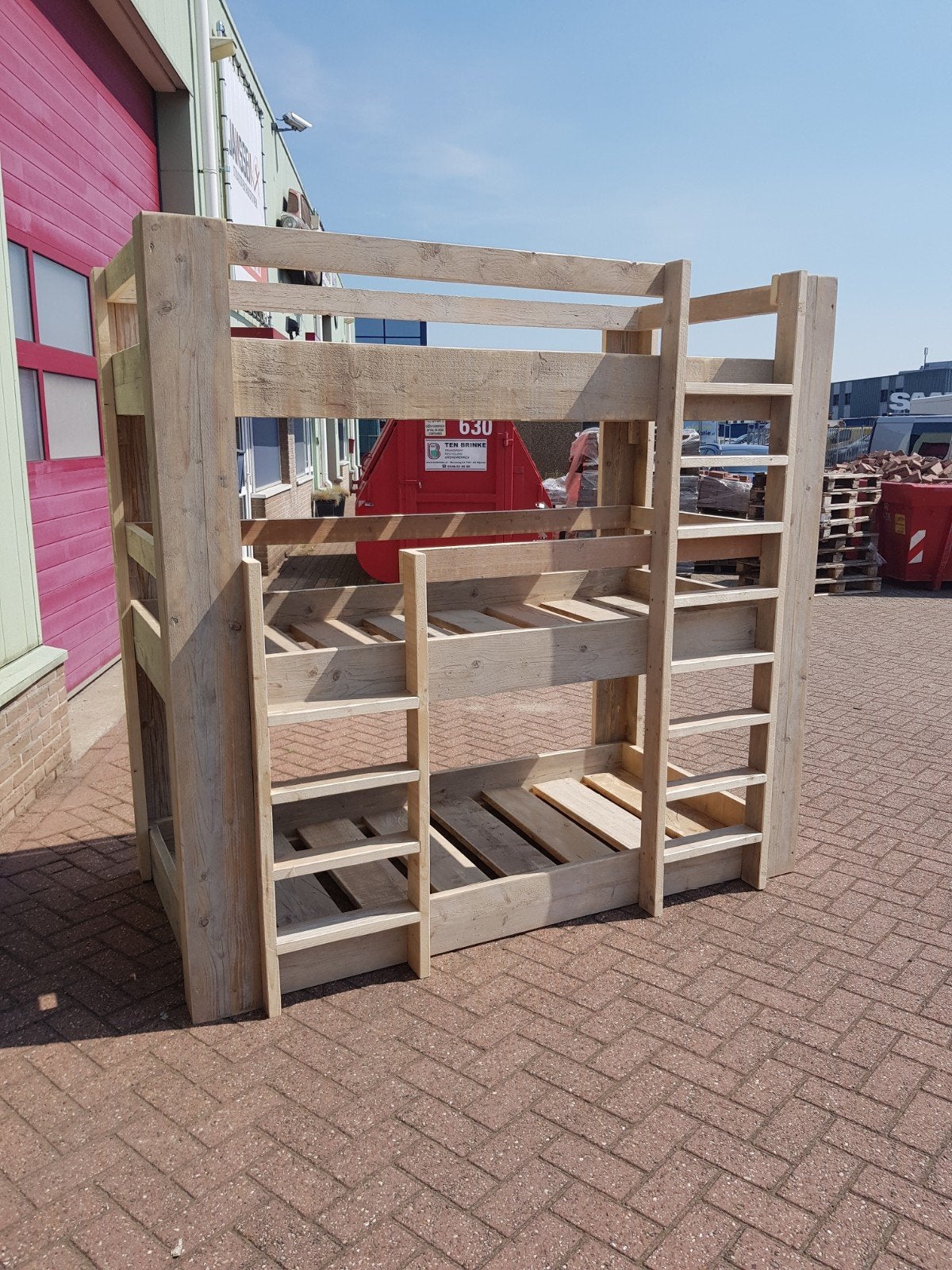 Stevig steigerhouten stapelbed - 3 persoons, Huis en Inrichting, Gebruikt, 90 cm, Tweepersoons, Ophalen of Verzenden
