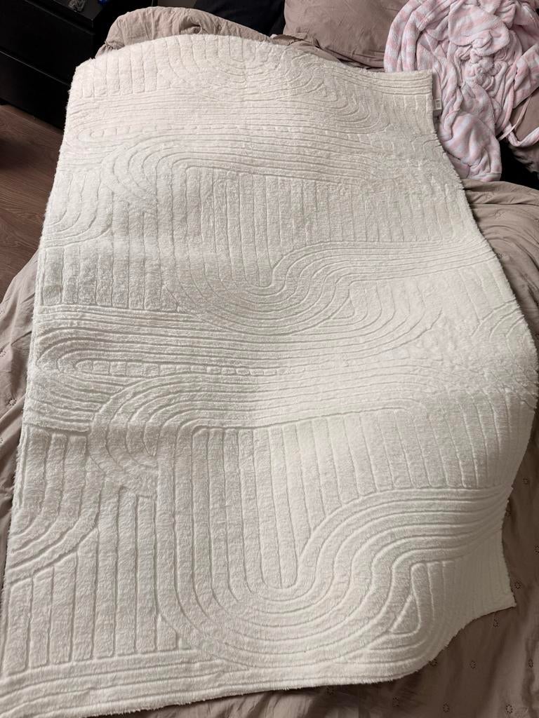 Japandi Tapijt 150x100 cm - Crème met Houtnerf Patroon, 100 tot 150 cm, Ophalen of Verzenden, Zo goed als nieuw, Crème