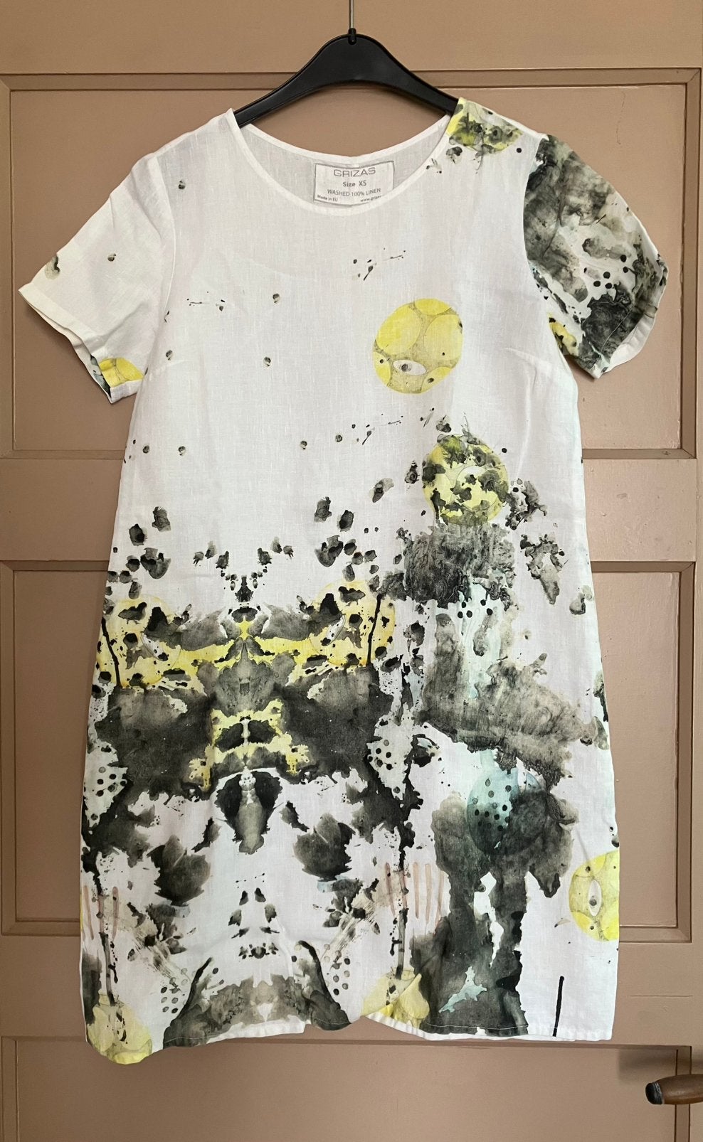 Perfecte Grizas Linnen Jurk Waterverf Splash Print, XS S M, Verzenden, Wit, Zo goed als nieuw, Knielengte