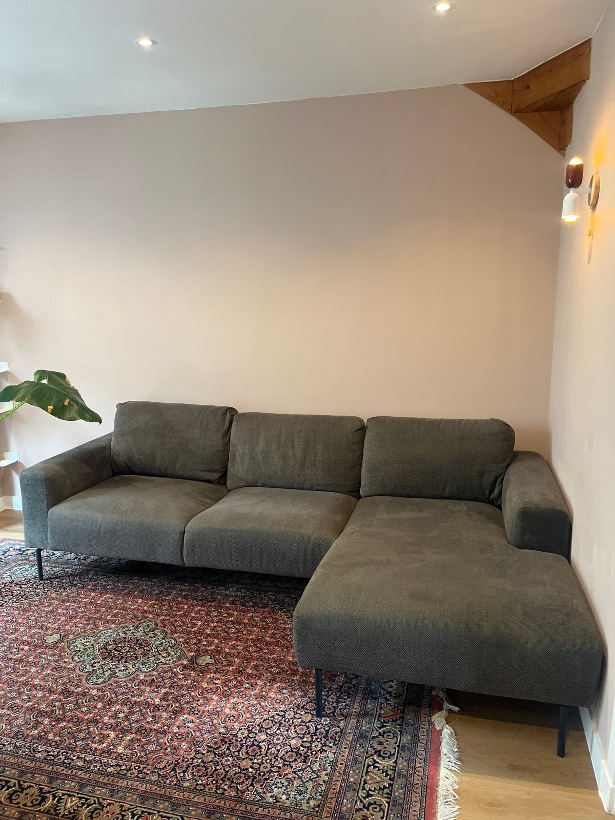 Bankstel donkergrijs 285x175cm izgs hoge poten demontabel, Huis en Inrichting, Banken | Bankstellen, Zo goed als nieuw, Hoekbank