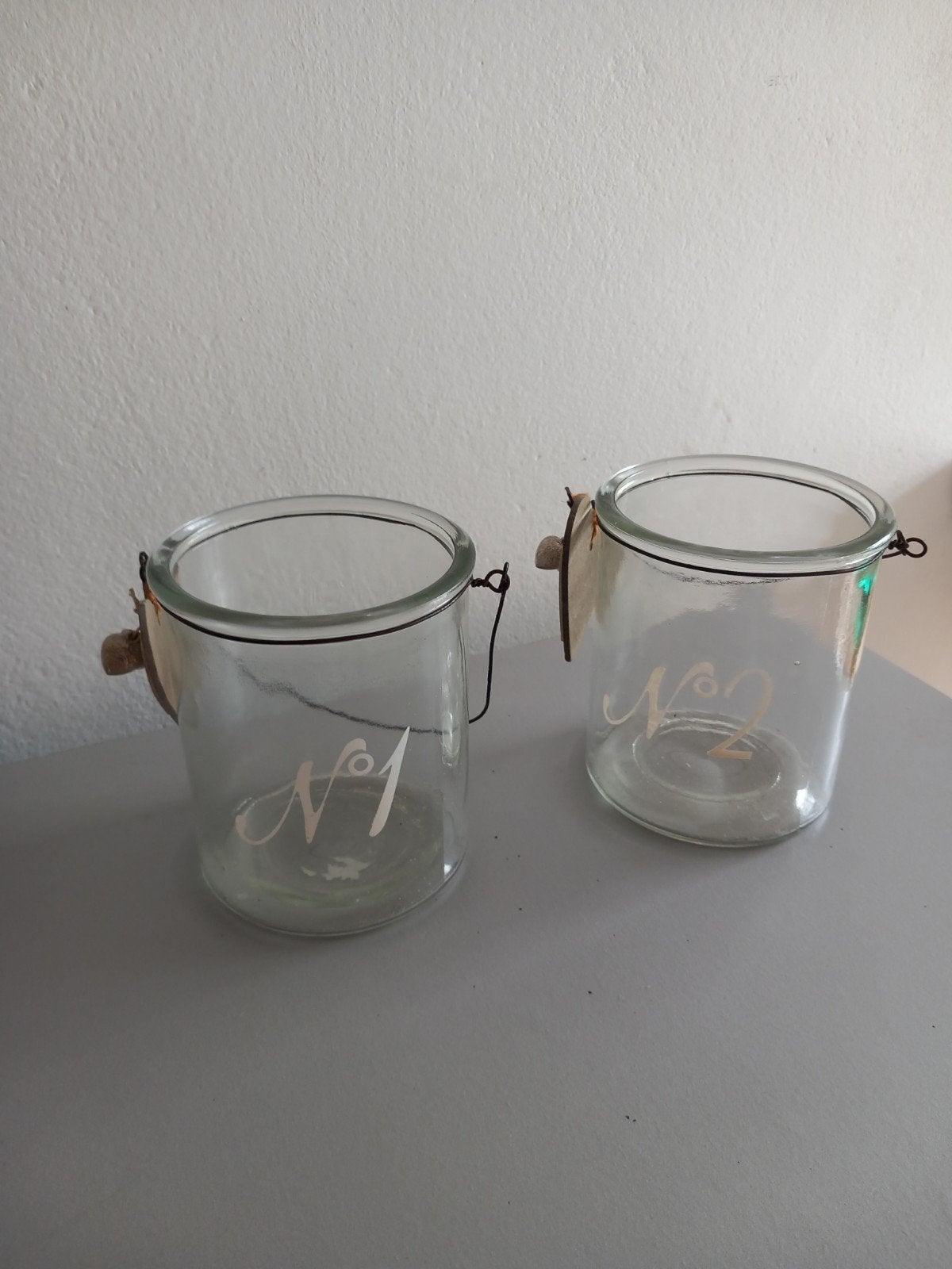 Set van 2 glazen potten met handvat - decoratief, Antiek en Kunst, Ophalen of Verzenden