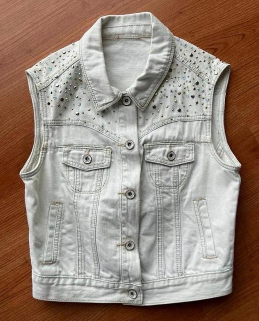 Spijker gilet met strass steentjes - Maat S, Blauw, Ophalen of Verzenden, Zo goed als nieuw, Jasje