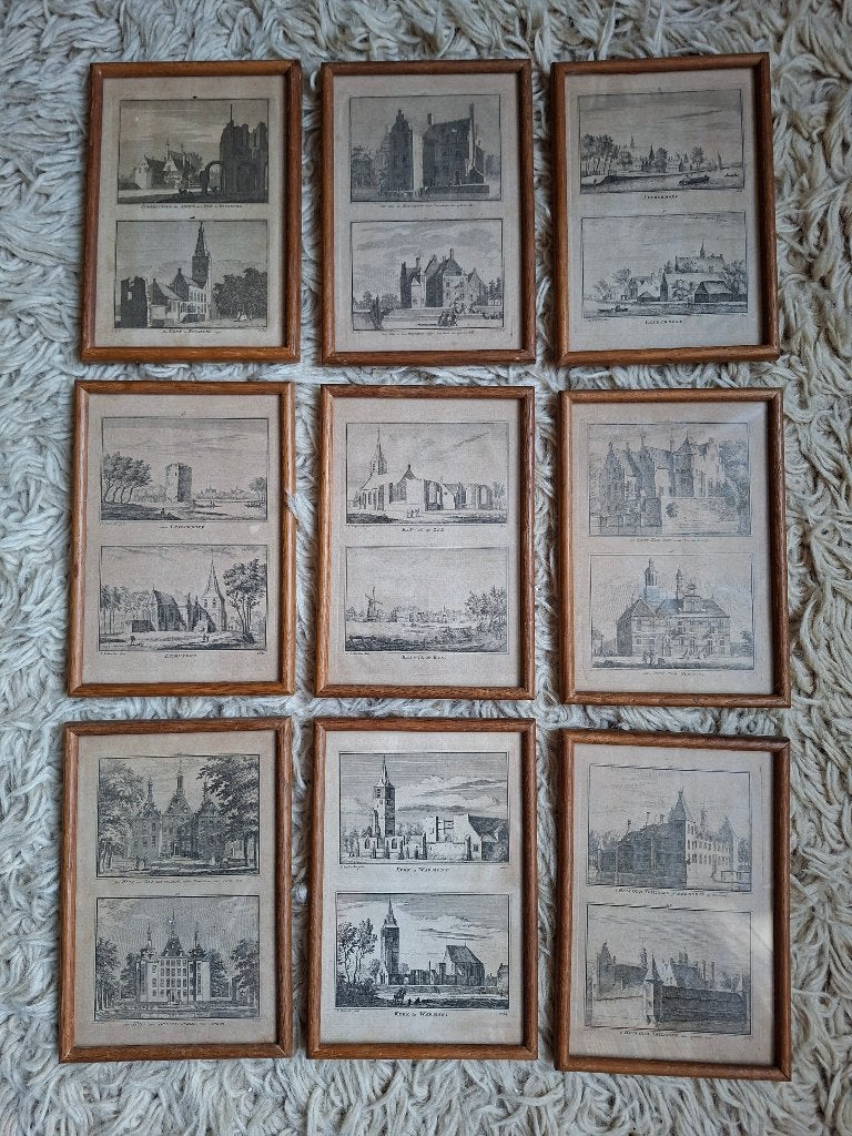 9 mooie antieke gravures Warmond Leiderdorp Rijnsburg etc, 22 cm, Architectuur, Ophalen of Verzenden, Gravure