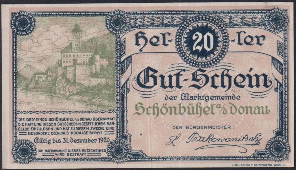 Setje van 3 Oostenrijkse Noodgeldbiljetten Schönbühel 1920, Postzegels en Munten, Verzenden, Setje