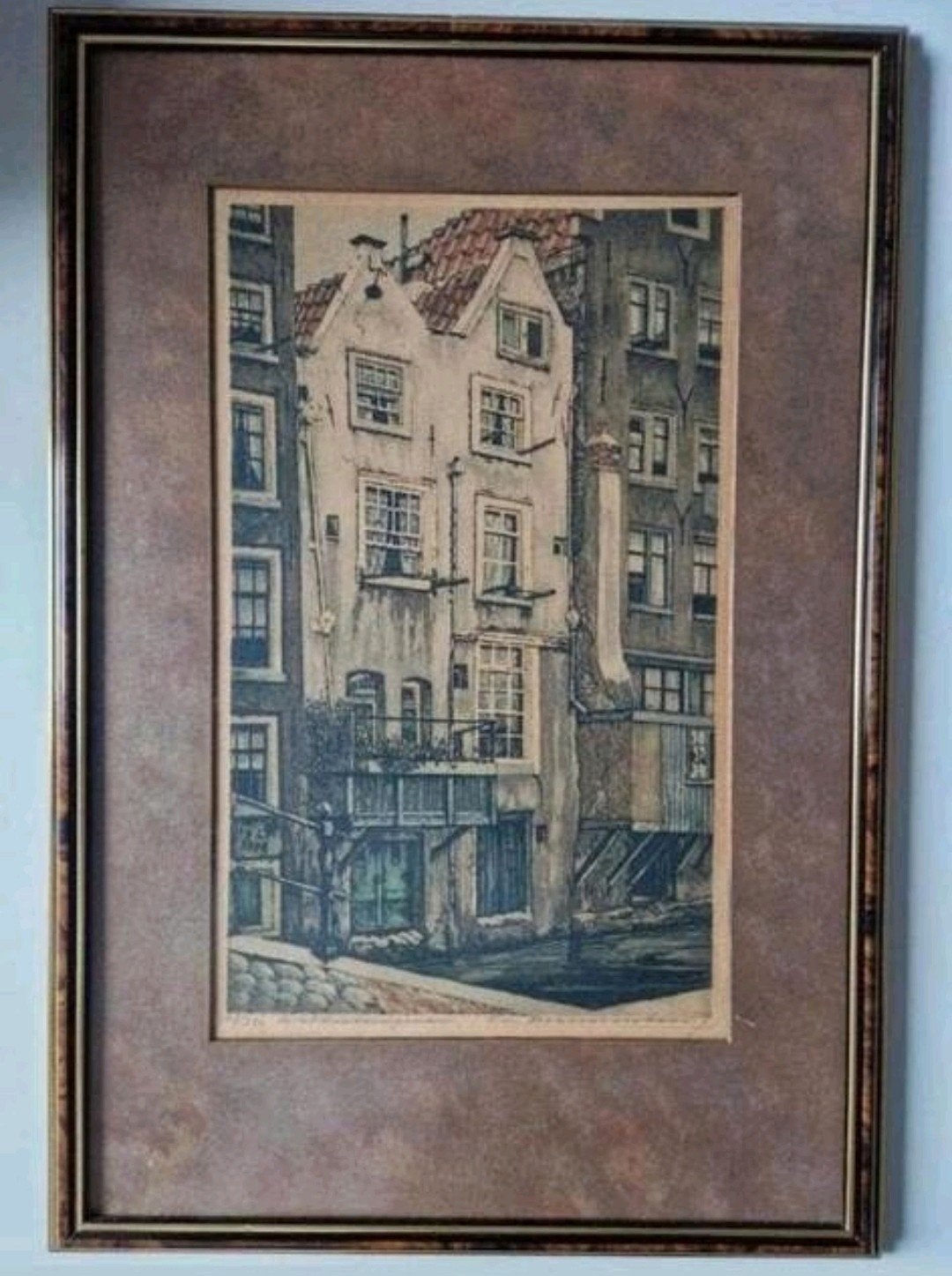 Oude Amsterdamse grachtenpand ets, genummerd en gesigneerd, Antiek en Kunst, Ets, Stadsgezicht, Ingelijst, Ophalen of Verzenden